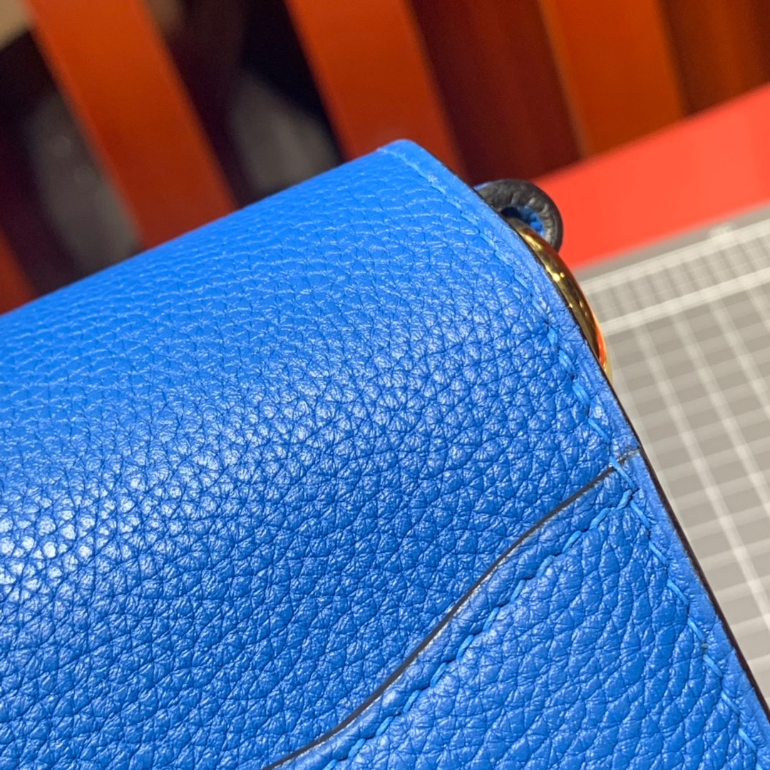 现货 Hermes Roulis24CM 爱马仕猪鼻子包 7Q希腊蓝原厂Evercolor牛皮 金银扣
