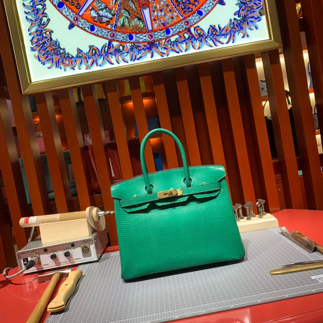 爱马仕铂金包定制 Hermes草绿色进口蜥蜴皮铂金包Birkin30CM 金扣