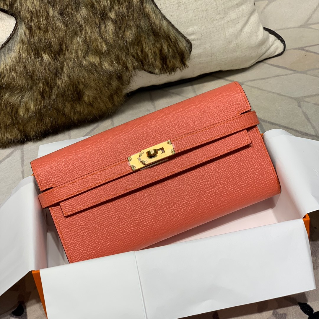 现货 Hermes经典钱夹 爱马仕原厂epsom牛皮凯莉钱包Kelly Wallet L5龙虾粉 金扣