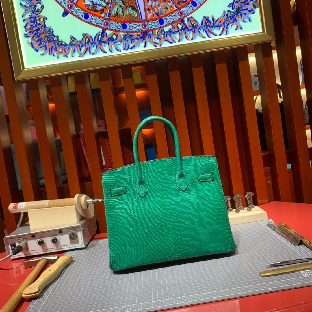 爱马仕铂金包定制 Hermes草绿色进口蜥蜴皮铂金包Birkin30CM 金扣