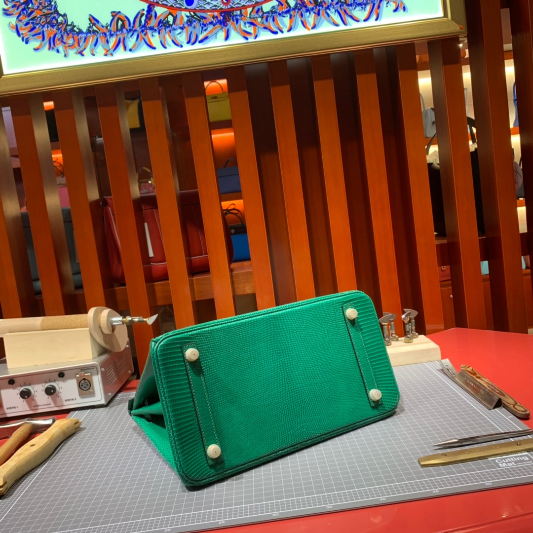 爱马仕铂金包定制 Hermes草绿色进口蜥蜴皮铂金包Birkin30CM 金扣