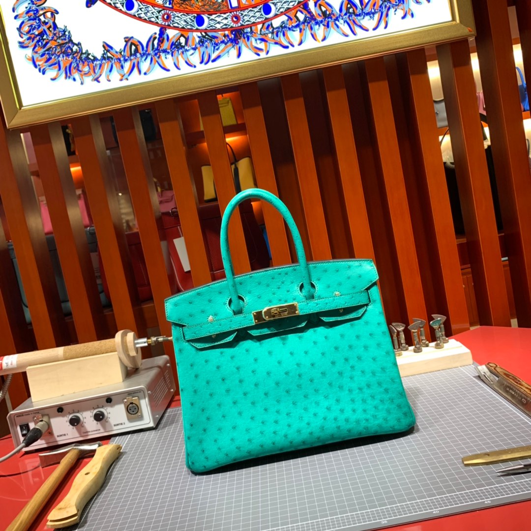 现货 爱马仕铂金包价格 Hermes Birkin30CM 薄荷绿南非鸵鸟皮铂金包 金扣