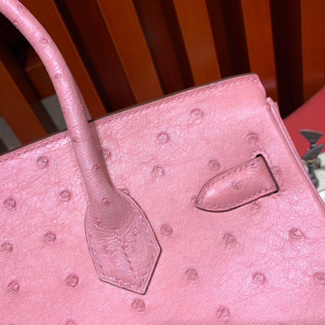 现货 Hermes Birkin30CM 爱马仕陶瓷粉南非鸵鸟皮铂金包 金扣