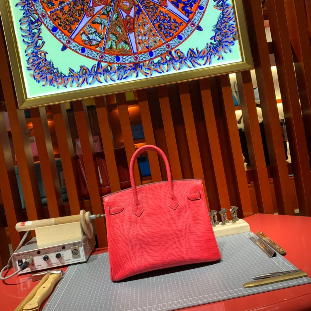 爱马仕铂金包价格 Hermes Birkin30CM 西瓜红蜥蜴皮Lizard 金扣