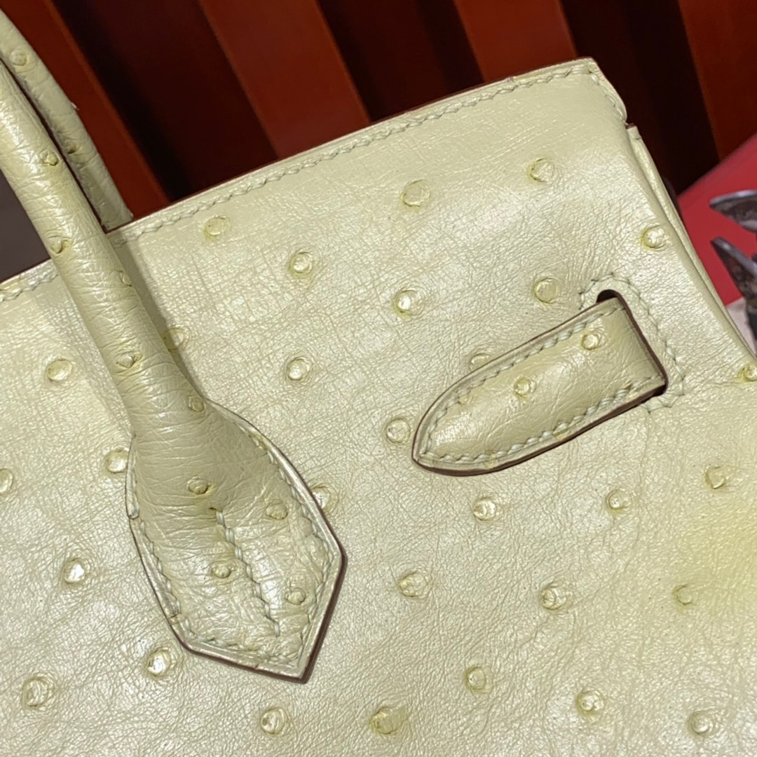 现货 爱马仕Birkin包包 Hermes鹅蛋黄南非鸵鸟皮Birkin30铂金包 金扣