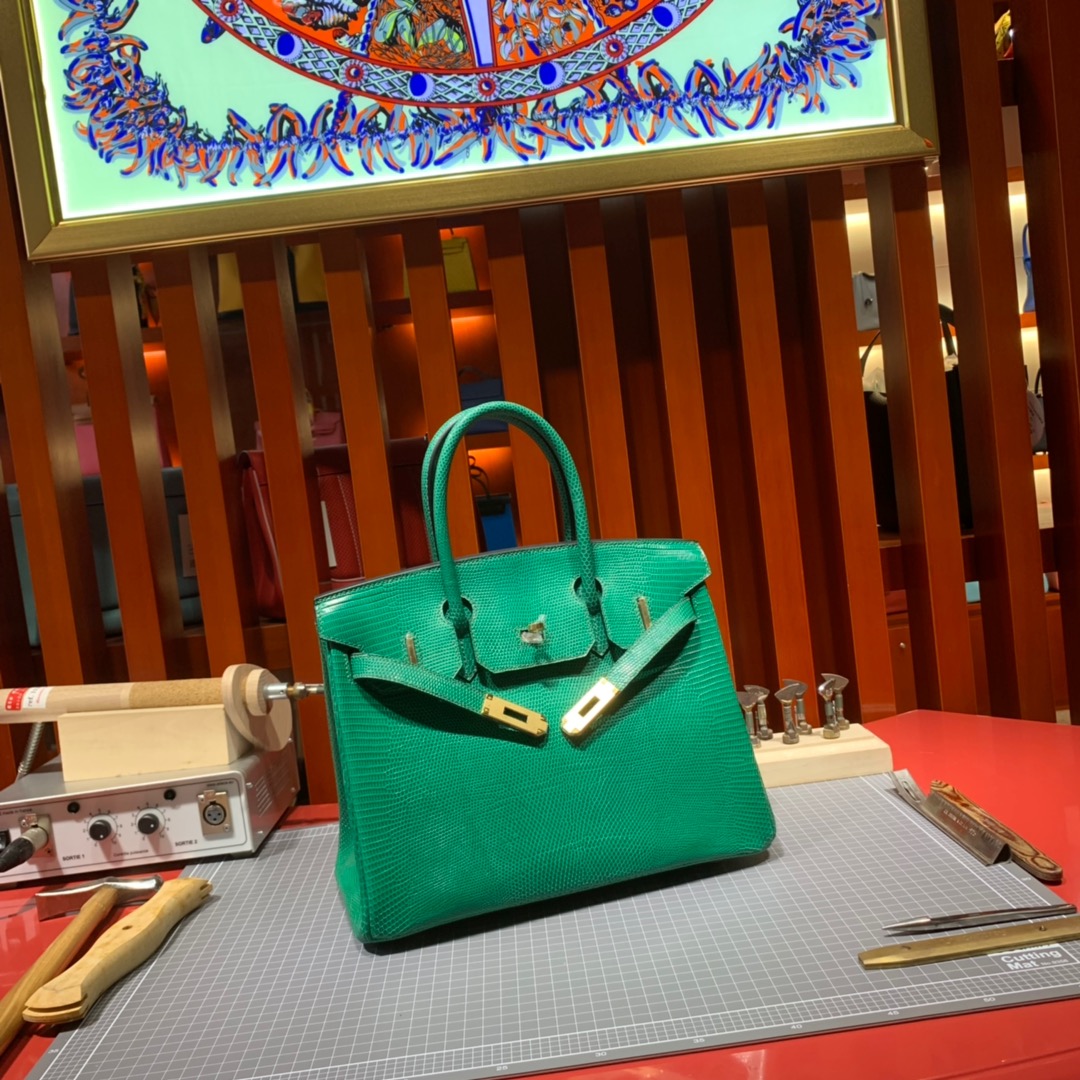 爱马仕铂金包定制 Hermes草绿色进口蜥蜴皮铂金包Birkin30CM 金扣