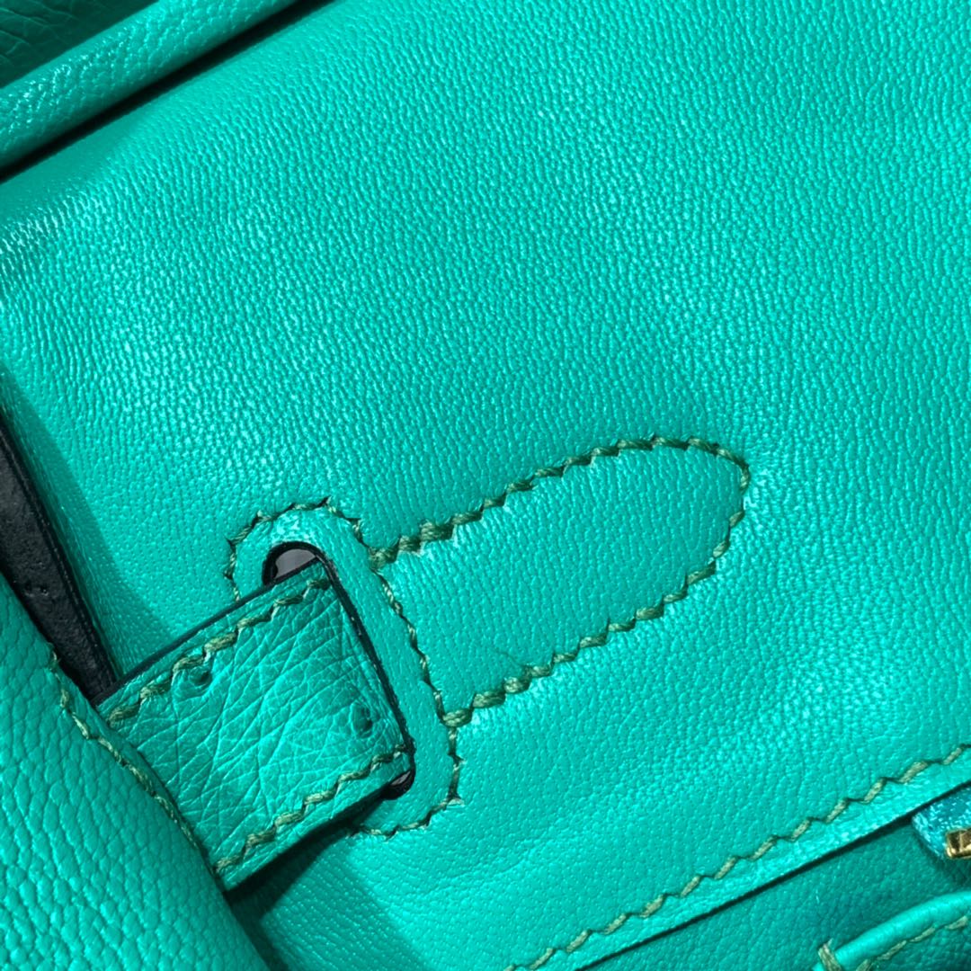 现货 爱马仕铂金包价格 Hermes Birkin30CM 薄荷绿南非鸵鸟皮铂金包 金扣