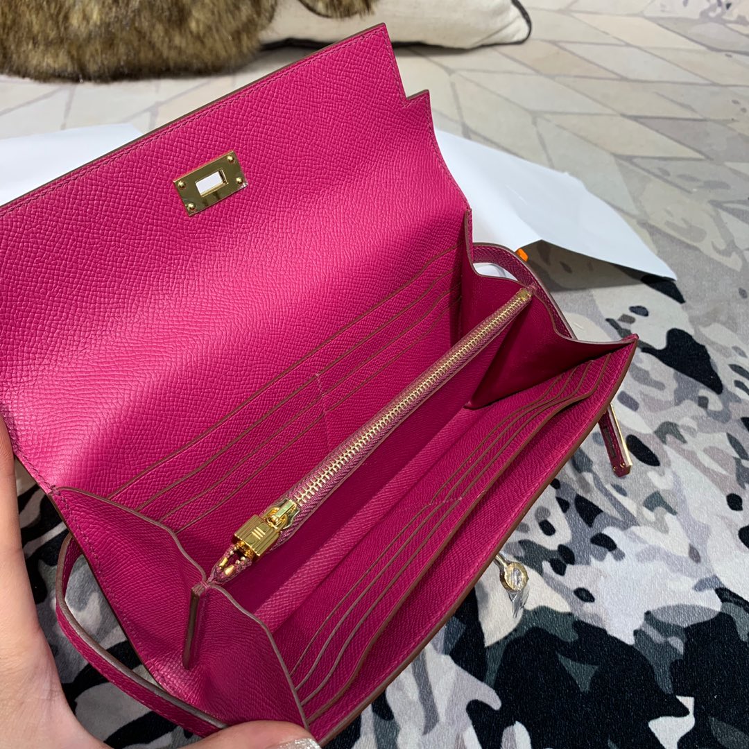 现货 爱马仕经典钱包 Hermes原厂epsom牛皮凯莉钱夹Kelly Wallet L3玫瑰紫 金扣