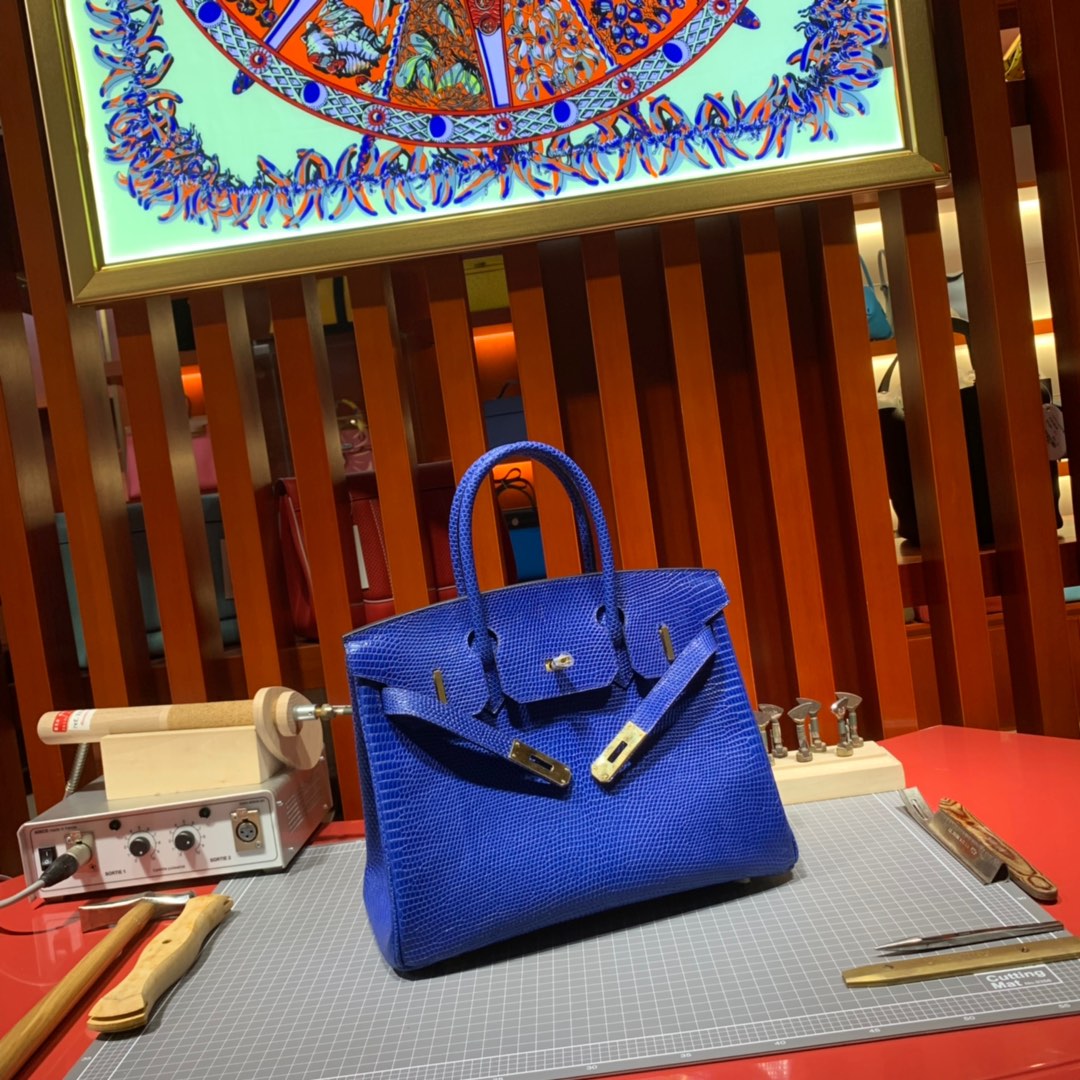 爱马仕铂金包价格 Hermes Birkin30CM 电光蓝蜥蜴皮Birkin包包 金扣