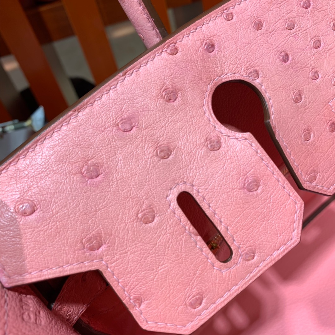 现货 Hermes Birkin30CM 爱马仕陶瓷粉南非鸵鸟皮铂金包 金扣