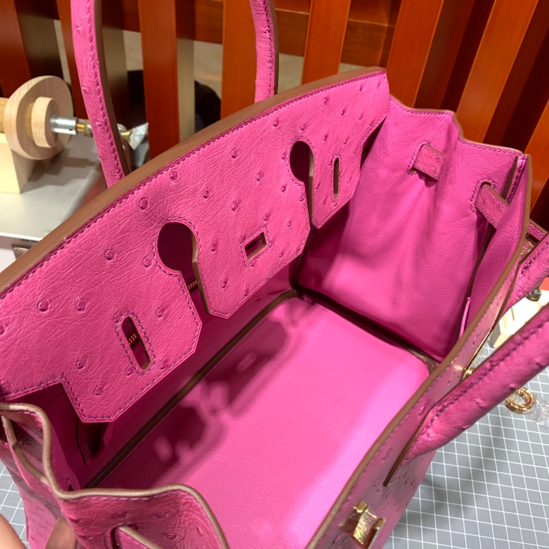 现货 爱马仕铂金包尺寸 Hermes浅玫红色南非鸵鸟皮Birkin30铂金包 金扣