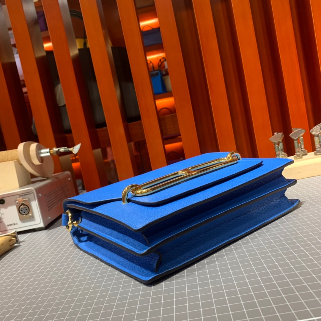 现货 Hermes Roulis24CM 爱马仕猪鼻子包 7Q希腊蓝原厂Evercolor牛皮 金银扣