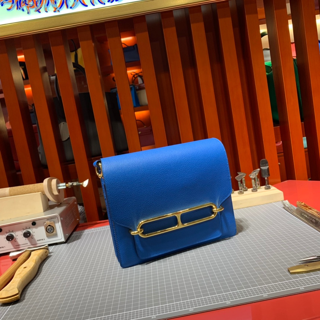 现货 Hermes Roulis24CM 爱马仕猪鼻子包 7Q希腊蓝原厂Evercolor牛皮 金银扣