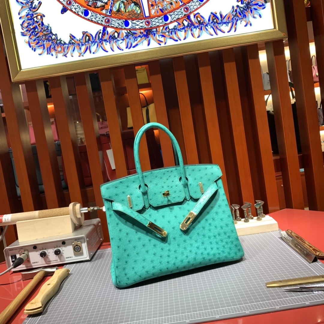 现货 爱马仕铂金包价格 Hermes Birkin30CM 薄荷绿南非鸵鸟皮铂金包 金扣
