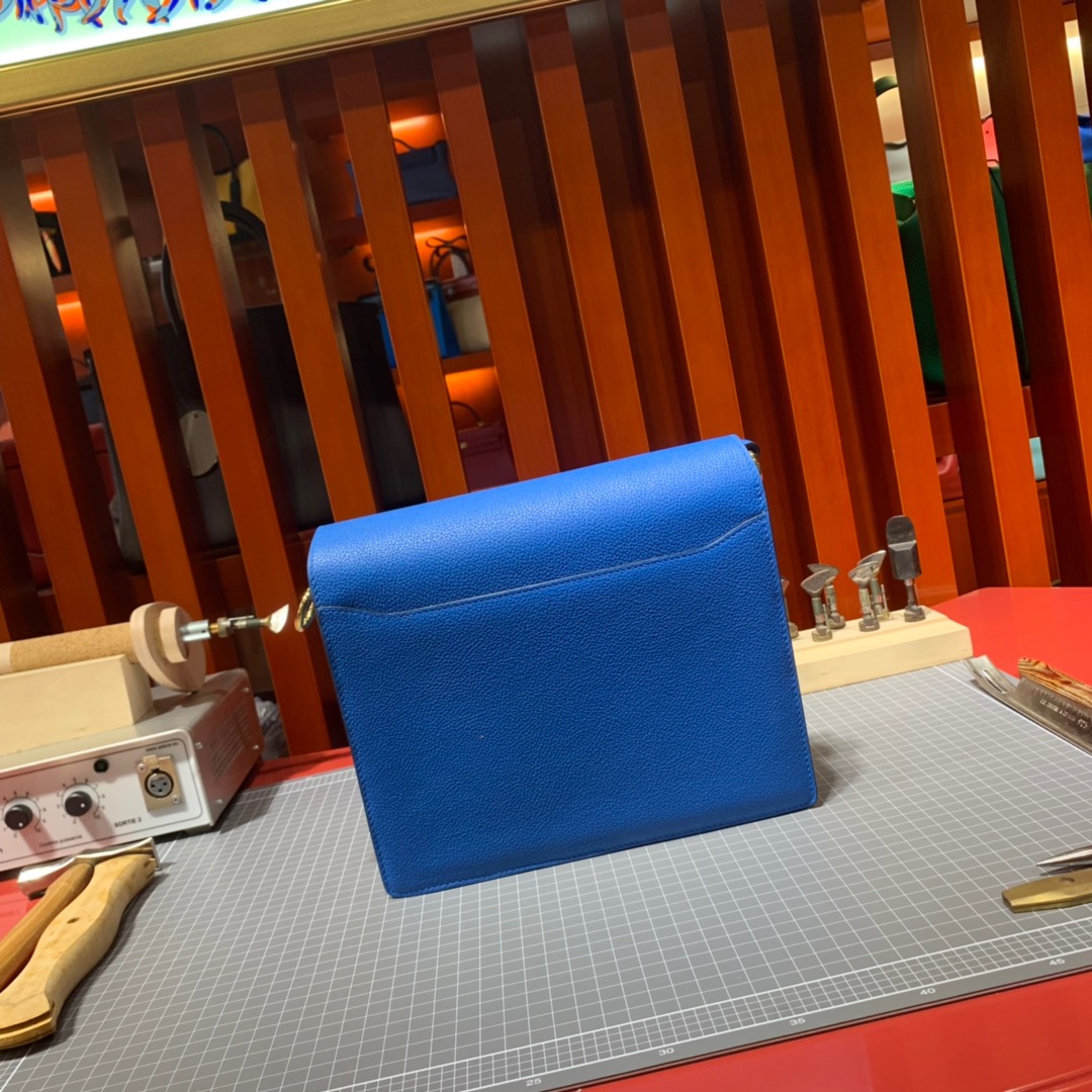 现货 Hermes Roulis24CM 爱马仕猪鼻子包 7Q希腊蓝原厂Evercolor牛皮 金银扣
