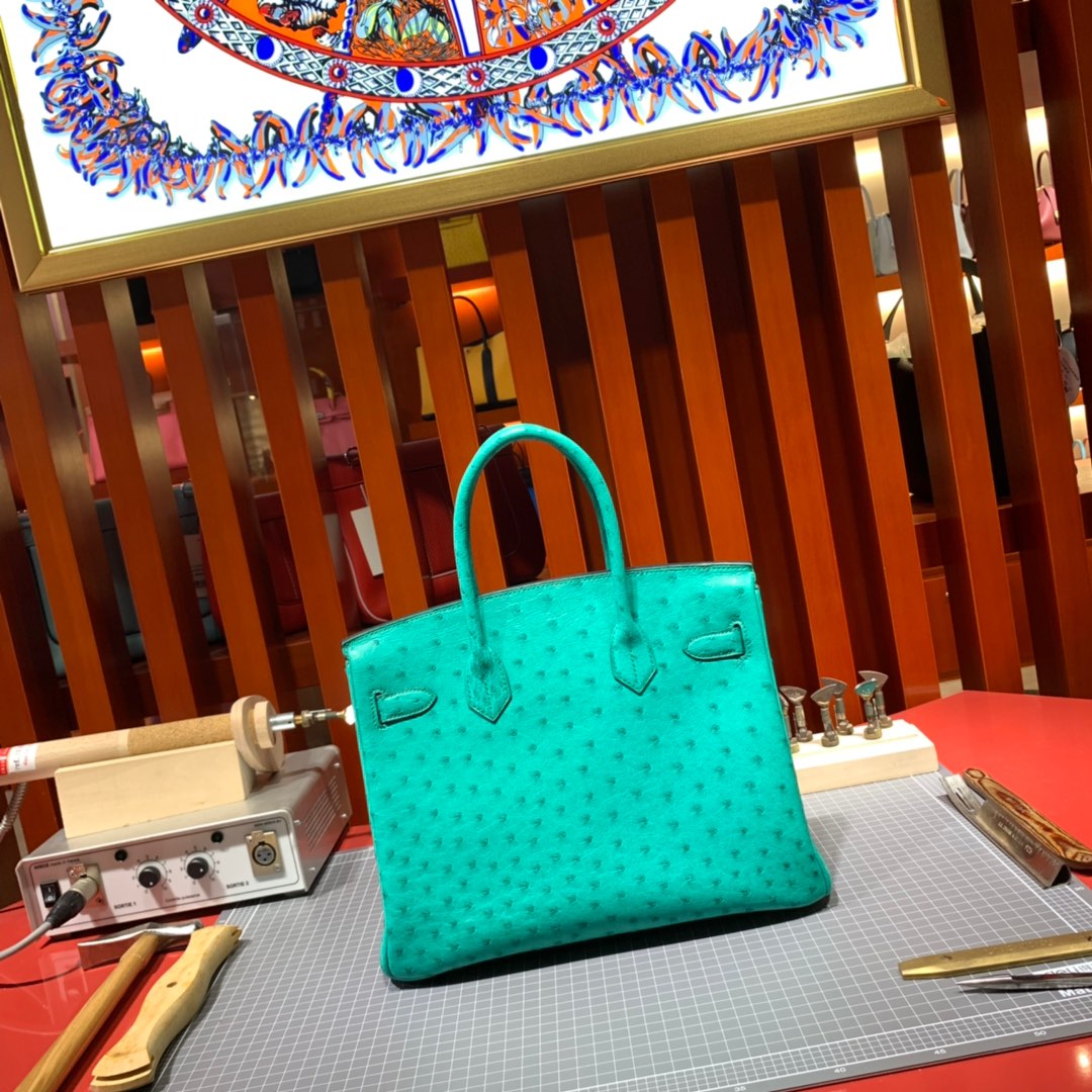 现货 爱马仕铂金包价格 Hermes Birkin30CM 薄荷绿南非鸵鸟皮铂金包 金扣
