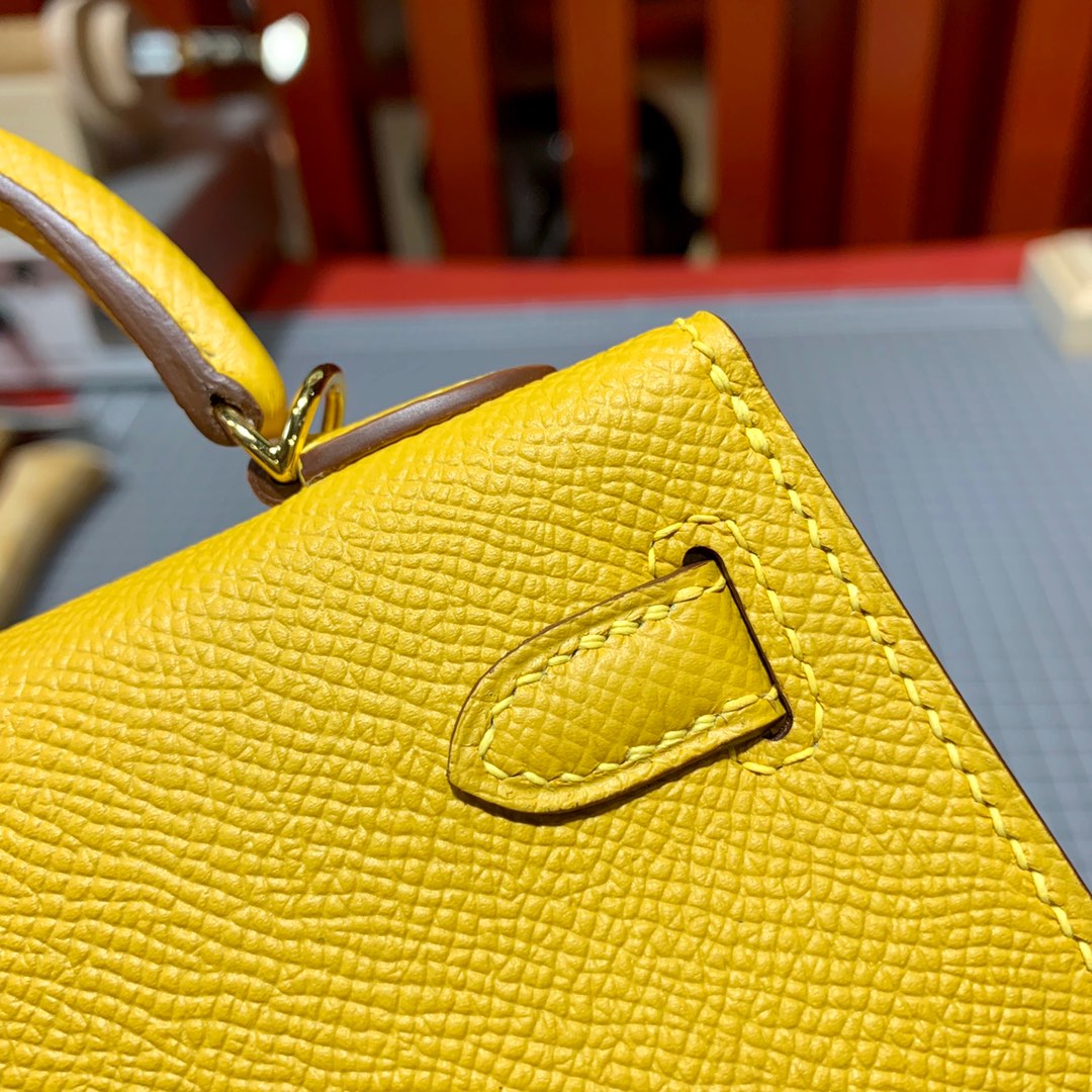 现货 Hermes Minikelly19CM 爱马仕9D琥珀黄Epsom皮迷你凯莉包2代 金银扣
