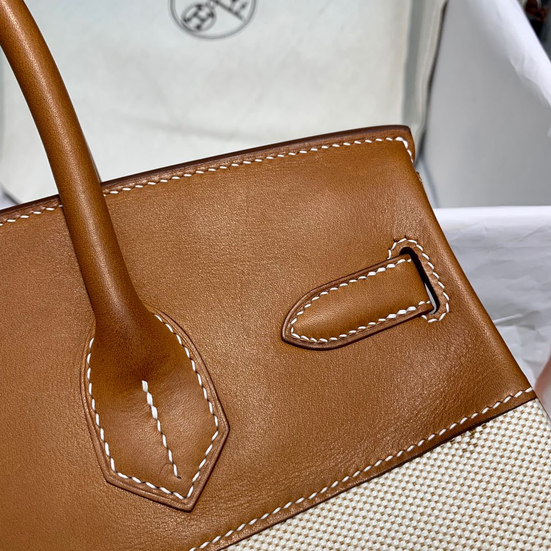 订制 爱马仕拼色铂金包 Hermes Birkin30CM 金棕色马鞍皮拼帆布 银扣