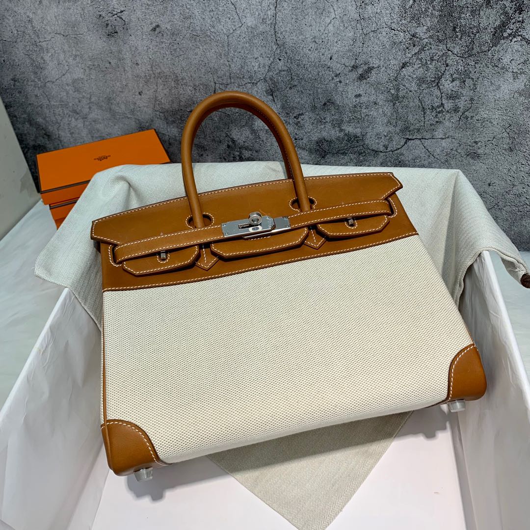 订制 爱马仕拼色铂金包 Hermes Birkin30CM 金棕色马鞍皮拼帆布 银扣