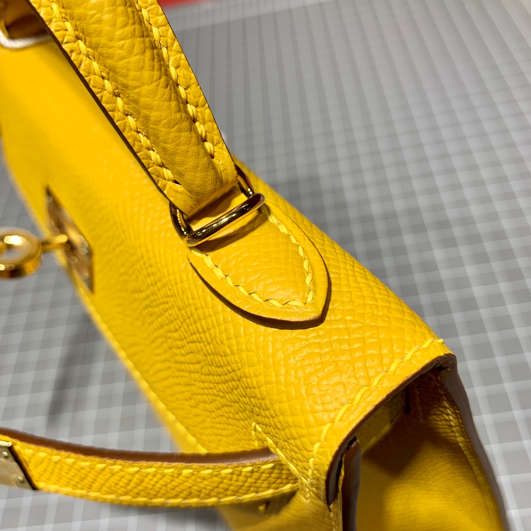 现货 Hermes Minikelly19CM 爱马仕9D琥珀黄Epsom皮迷你凯莉包2代 金银扣