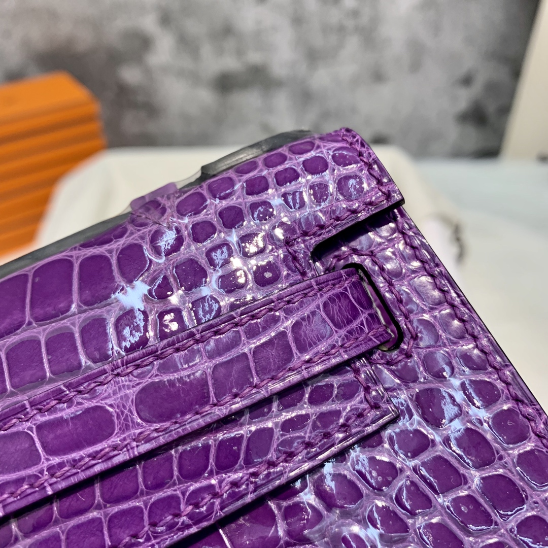订制 Hermes Minikelly Pochette22CM 爱马仕梦幻紫美洲鳄鱼皮迷你凯莉包 金扣