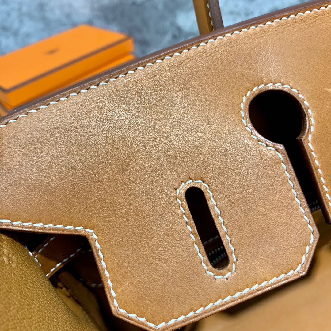 订制 爱马仕拼色铂金包 Hermes Birkin30CM 金棕色马鞍皮拼帆布 银扣