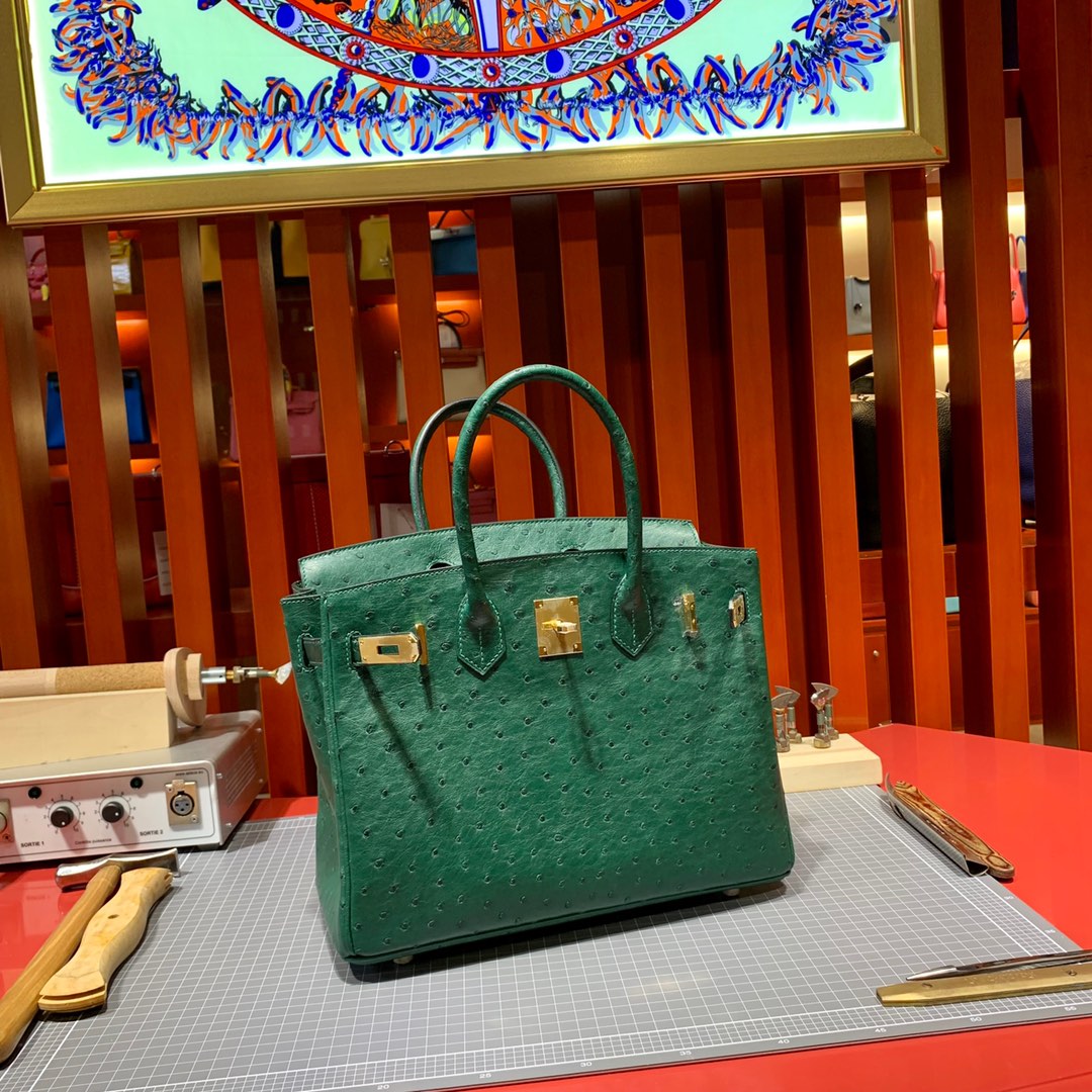 现货 Hermes Birkin30CM 爱马仕孔雀绿进口KK鸵鸟皮铂金包 金扣