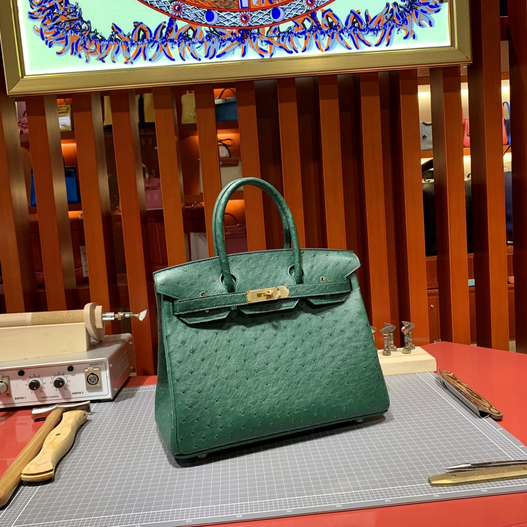 现货 Hermes Birkin30CM 爱马仕孔雀绿进口KK鸵鸟皮铂金包 金扣