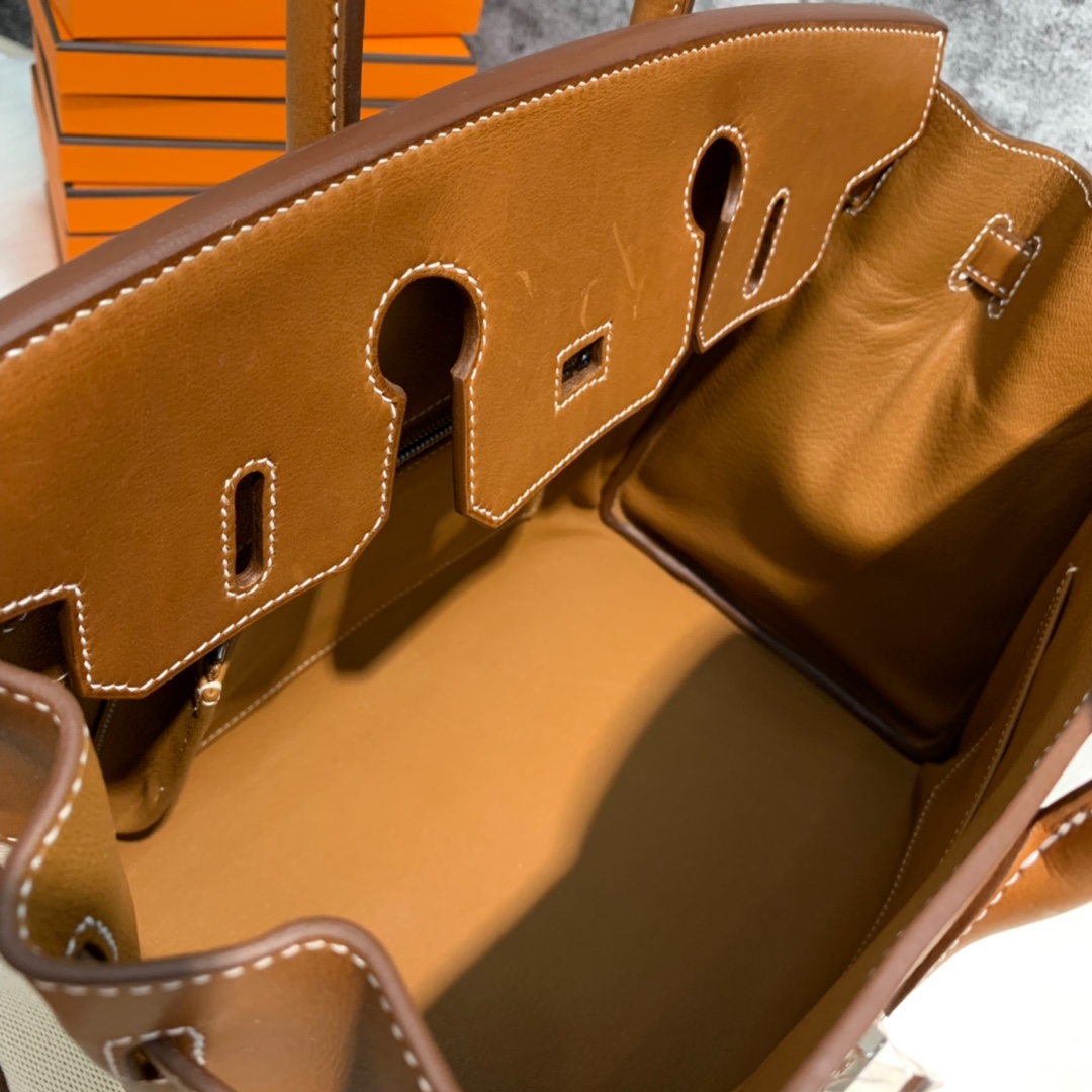 订制 爱马仕拼色铂金包 Hermes Birkin30CM 金棕色马鞍皮拼帆布 银扣