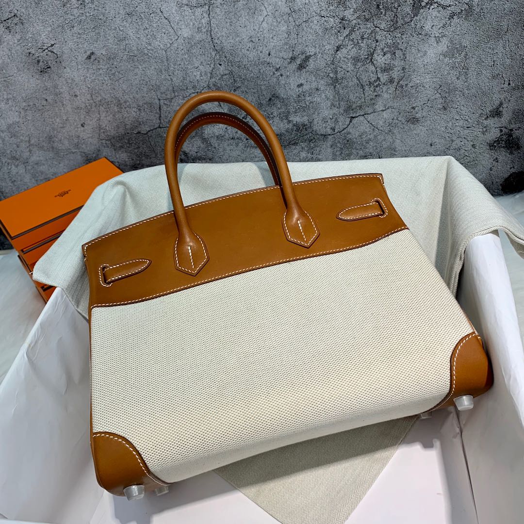订制 爱马仕拼色铂金包 Hermes Birkin30CM 金棕色马鞍皮拼帆布 银扣
