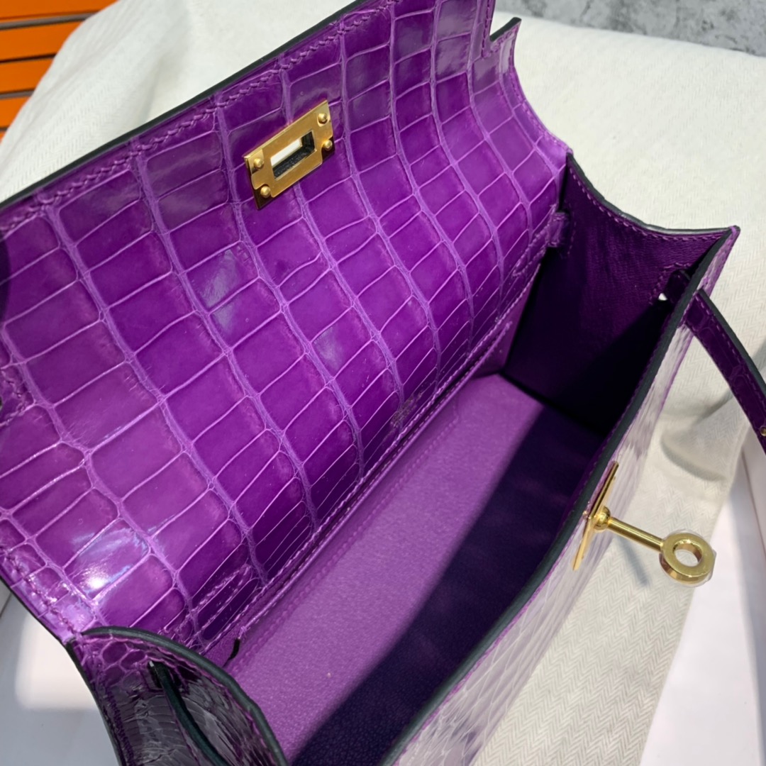 订制 Hermes Minikelly Pochette22CM 爱马仕梦幻紫美洲鳄鱼皮迷你凯莉包 金扣