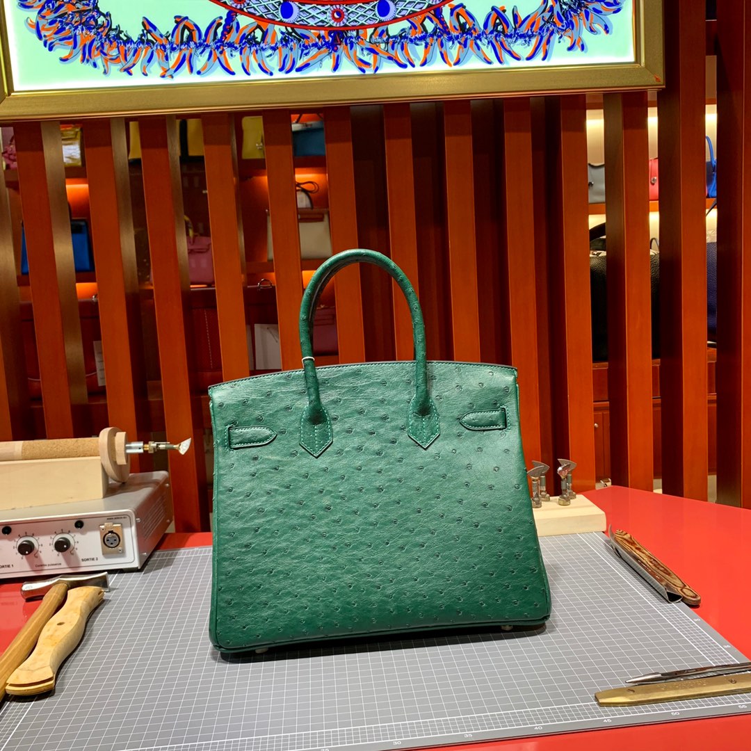 现货 Hermes Birkin30CM 爱马仕孔雀绿进口KK鸵鸟皮铂金包 金扣