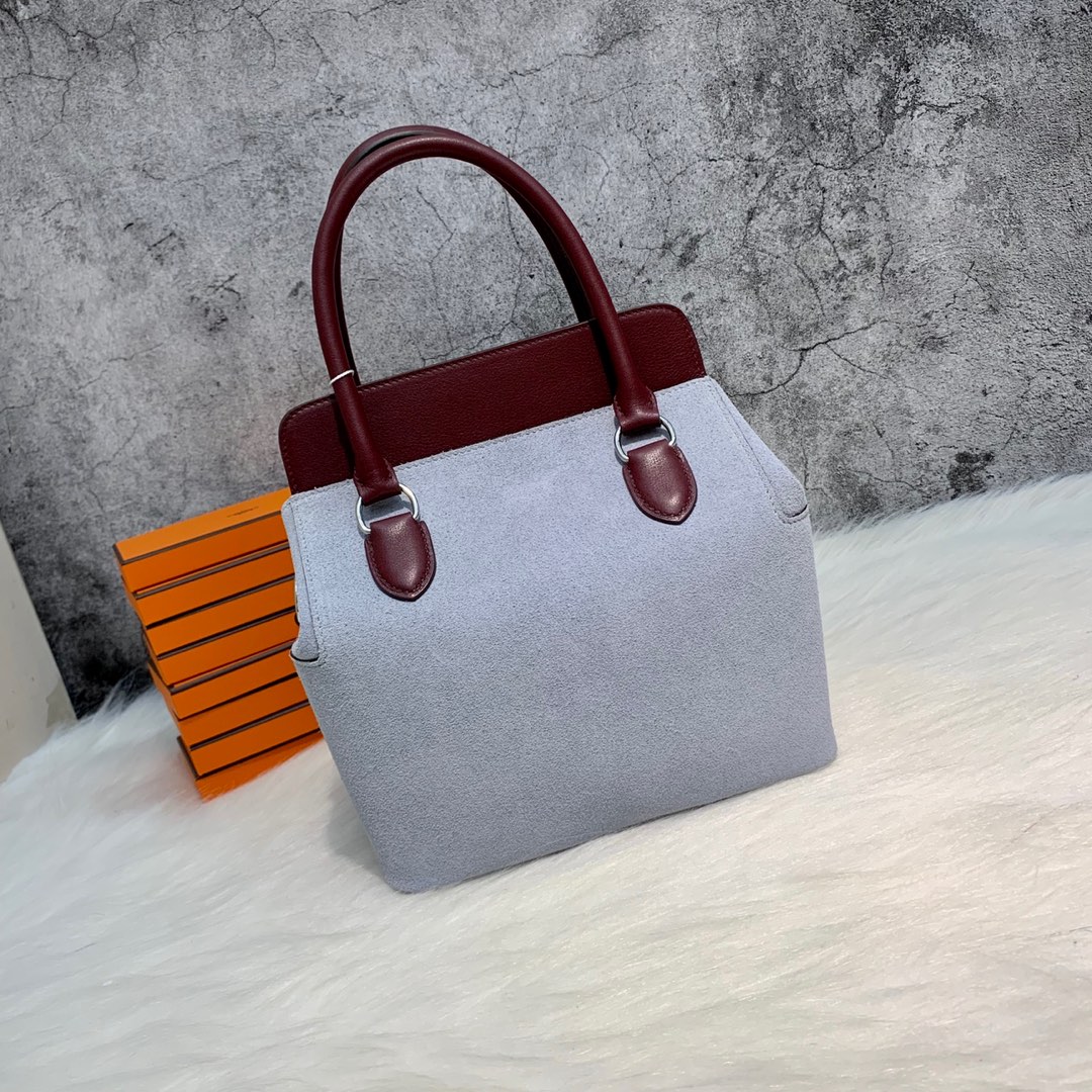 订制 爱马仕拼色牛奶包工具箱 Hermes Toolbox20CM 酒红色swift皮拼磨砂皮 银扣