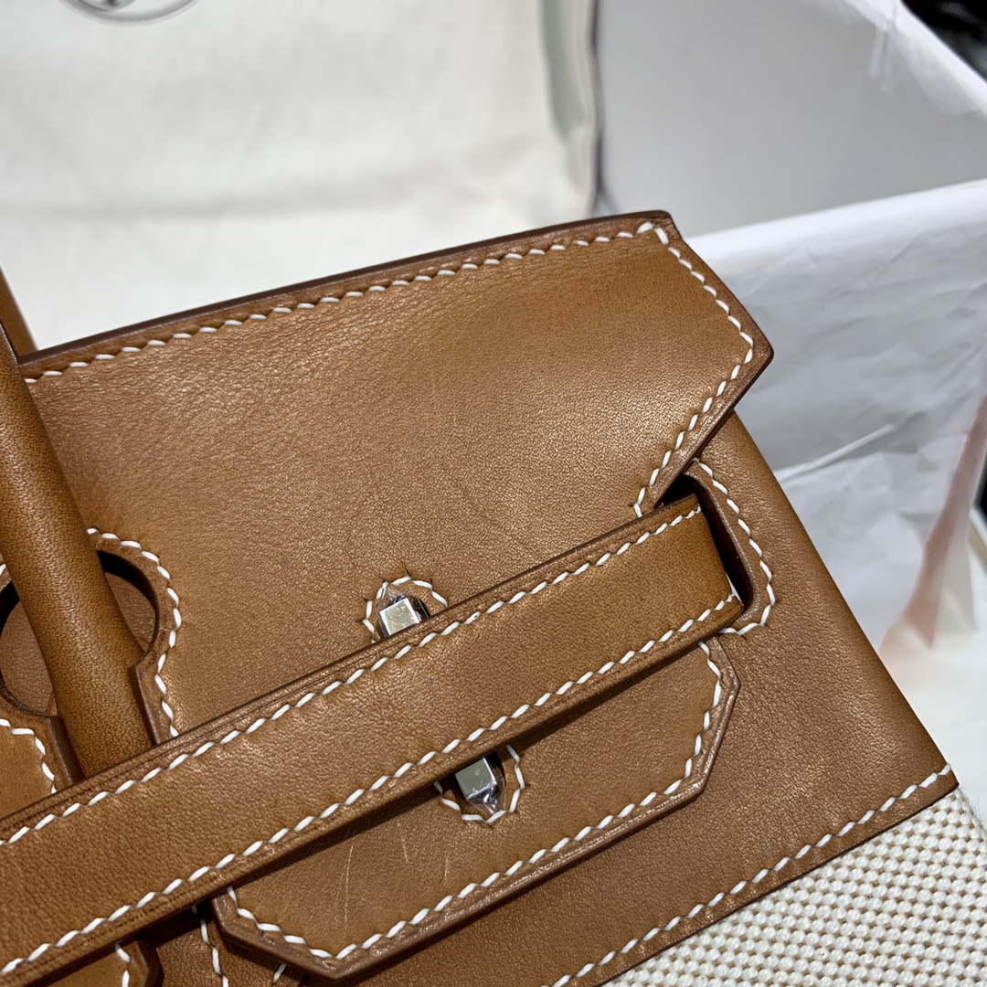 订制 爱马仕拼色铂金包 Hermes Birkin30CM 金棕色马鞍皮拼帆布 银扣