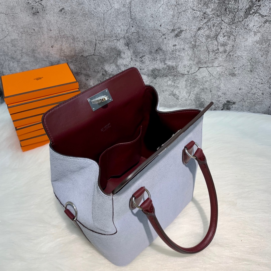 订制 爱马仕拼色牛奶包工具箱 Hermes Toolbox20CM 酒红色swift皮拼磨砂皮 银扣