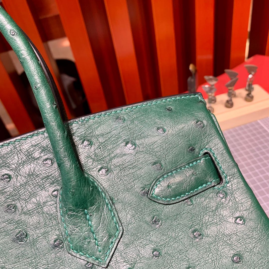 现货 Hermes Birkin30CM 爱马仕孔雀绿进口KK鸵鸟皮铂金包 金扣