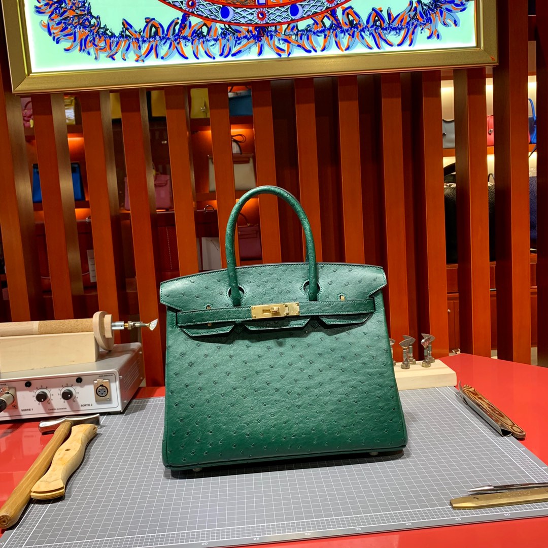 现货 Hermes Birkin30CM 爱马仕孔雀绿进口KK鸵鸟皮铂金包 金扣