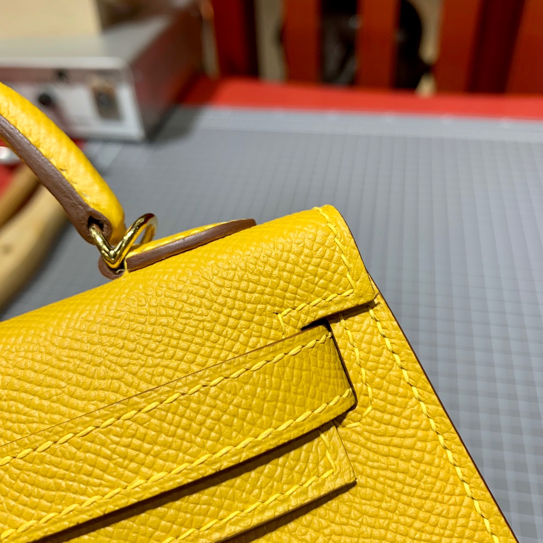 现货 Hermes Minikelly19CM 爱马仕9D琥珀黄Epsom皮迷你凯莉包2代 金银扣