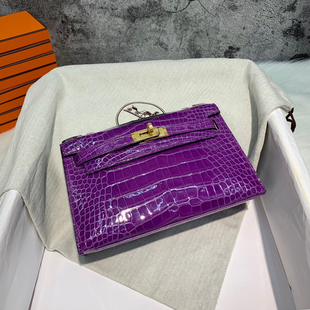 订制 Hermes Minikelly Pochette22CM 爱马仕梦幻紫美洲鳄鱼皮迷你凯莉包 金扣