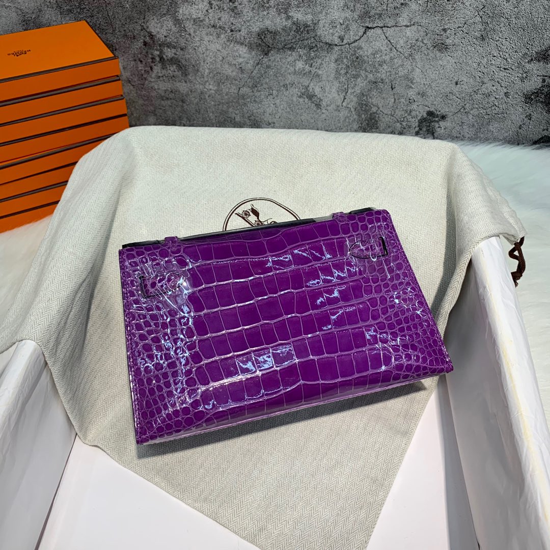 订制 Hermes Minikelly Pochette22CM 爱马仕梦幻紫美洲鳄鱼皮迷你凯莉包 金扣