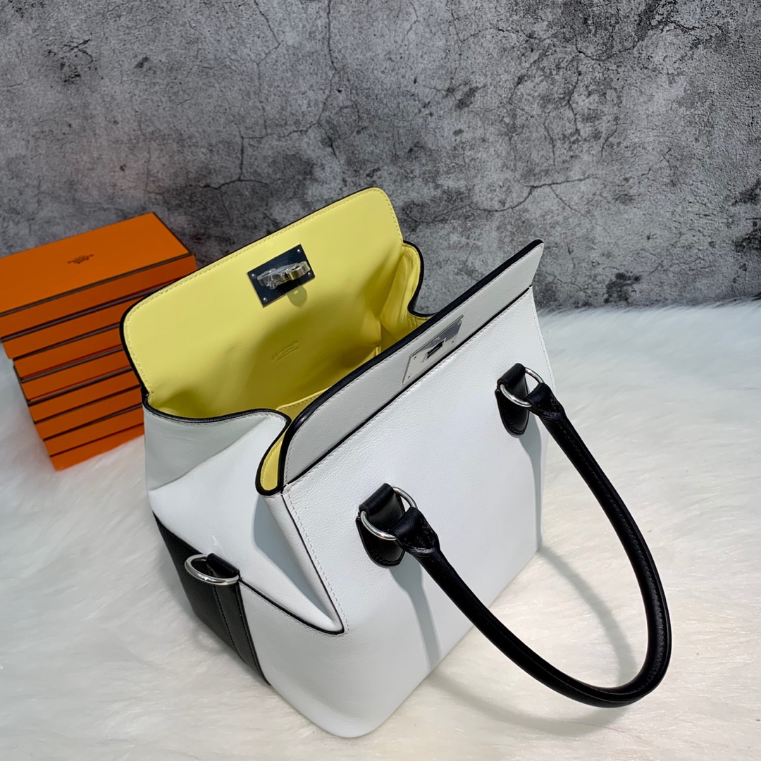 定制 Hermes爱马仕纯白色拼黑色拼小鸡黄swift牛皮Toolbox工具箱牛奶包20CM 银扣
