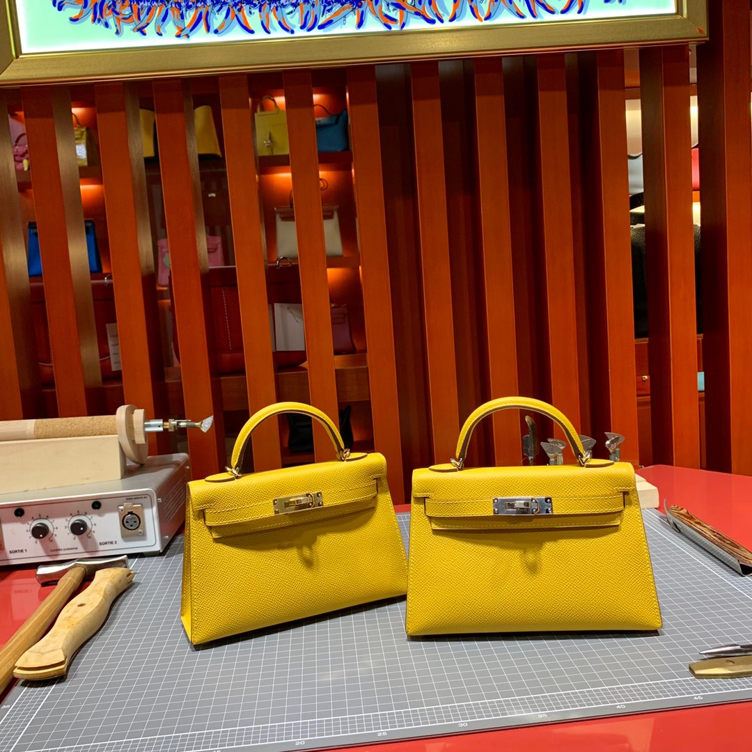 现货 Hermes Minikelly19CM 爱马仕9D琥珀黄Epsom皮迷你凯莉包2代 金银扣