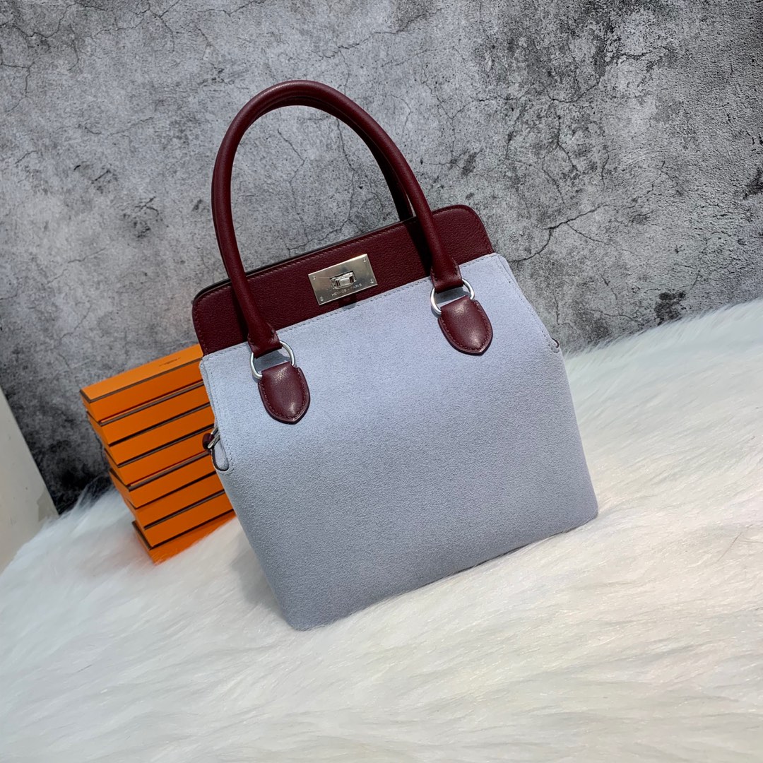 订制 爱马仕拼色牛奶包工具箱 Hermes Toolbox20CM 酒红色swift皮拼磨砂皮 银扣