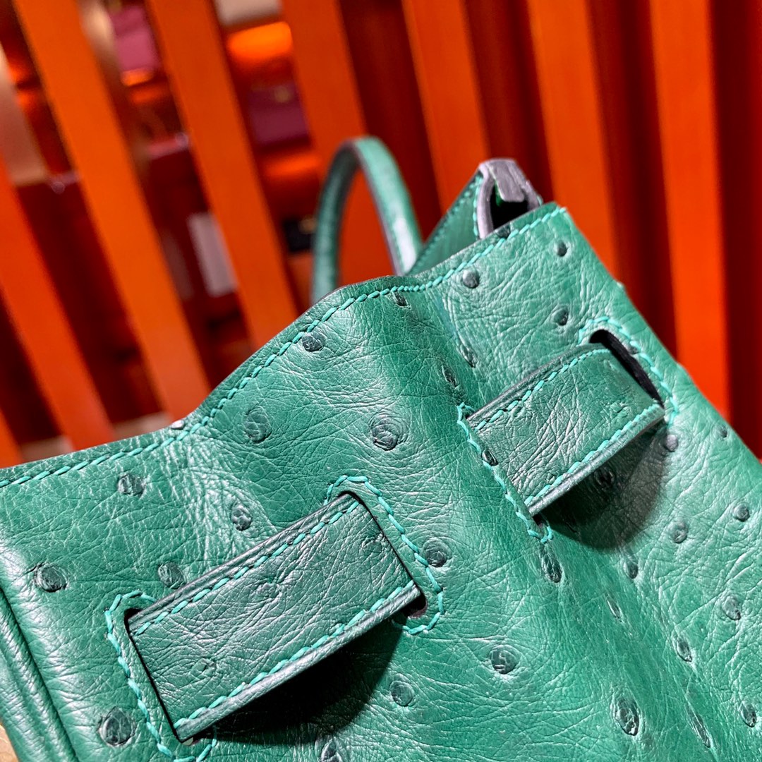 现货 Hermes Birkin30CM 爱马仕孔雀绿进口KK鸵鸟皮铂金包 金扣