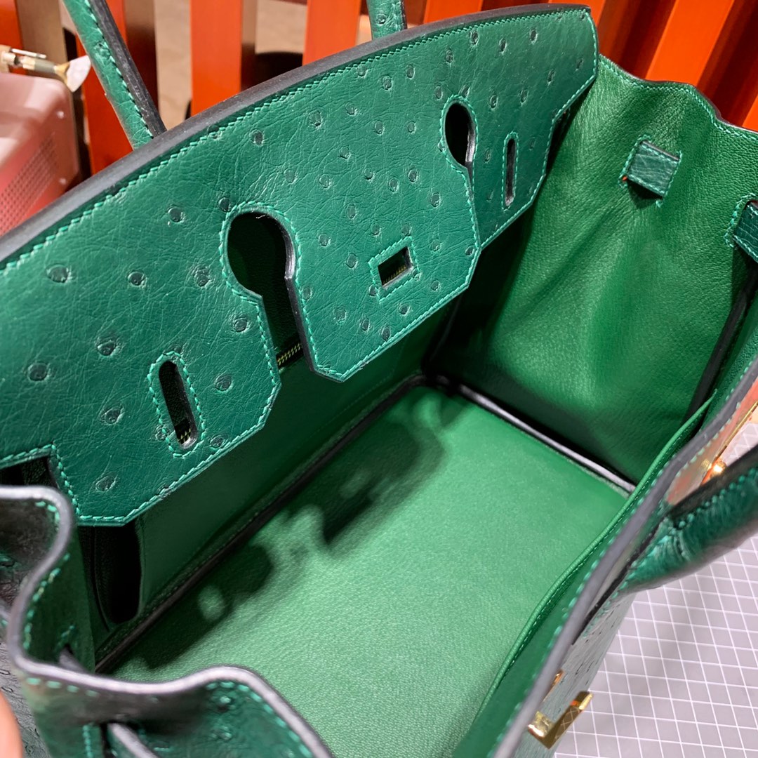 现货 Hermes Birkin30CM 爱马仕孔雀绿进口KK鸵鸟皮铂金包 金扣