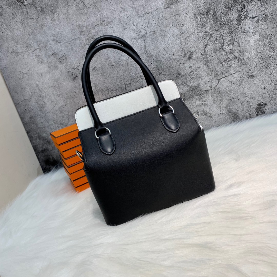 定制 Hermes爱马仕纯白色拼黑色拼小鸡黄swift牛皮Toolbox工具箱牛奶包20CM 银扣