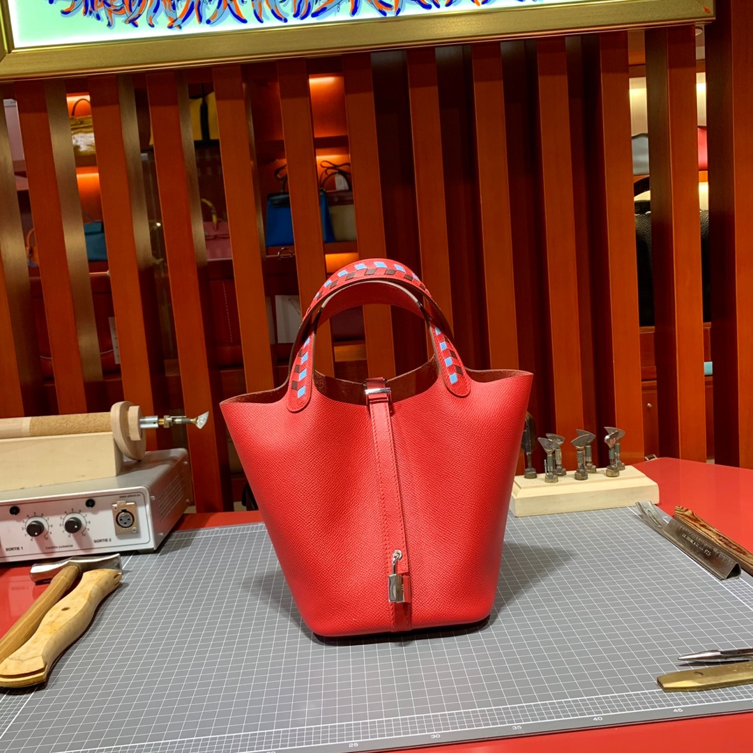 爱马仕编织手柄菜篮子包 Hermes Picotin18CM 心红色顶级Epsom皮 银扣