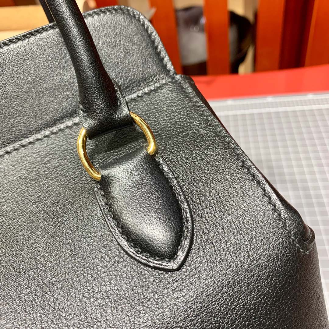 爱马仕女包批发 Hermes Toolbox20CM 黑色Swift牛皮工具盒子包 金扣