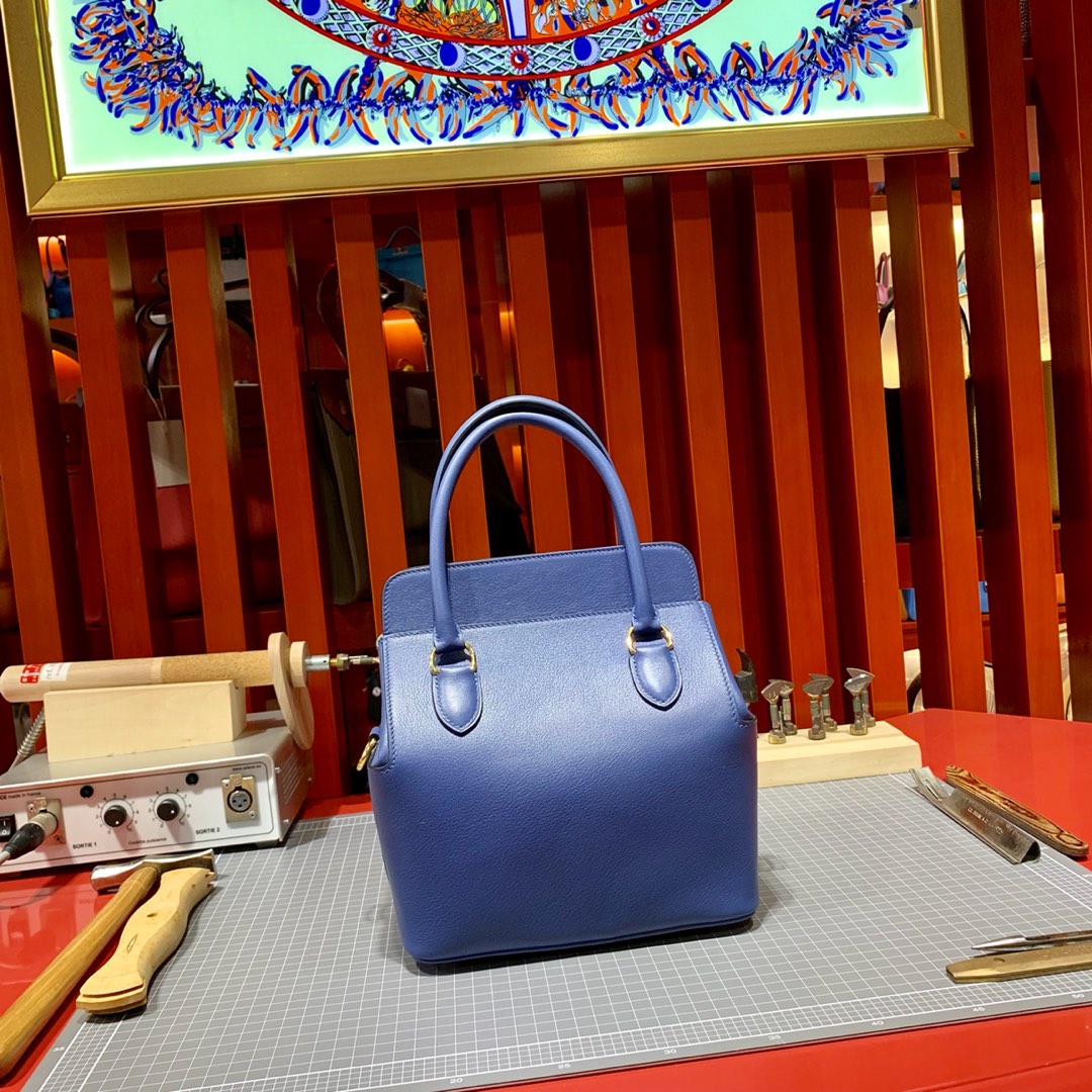 爱马仕女包批发 Hermes Toolbox20CM 明蓝色顶级Swift牛皮牛奶盒子包