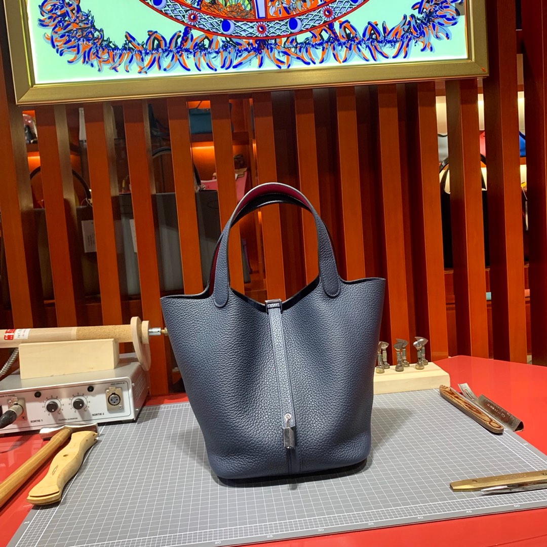 Hermes Picotin22CM 爱马仕午夜蓝Togo皮拼玫红色Swift皮水桶包手提女包